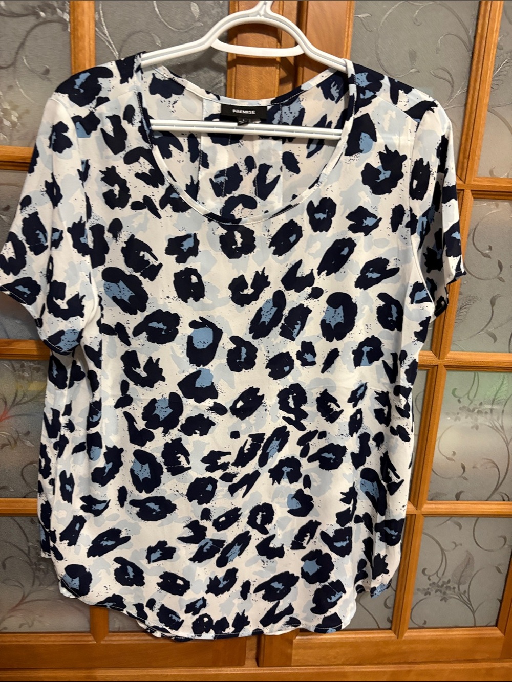 Premise White Navy and Light Blue Animal Print Short Sleeve Top